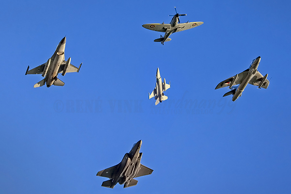 Unique formation of Spitfire Hunter F-16 and F-35
